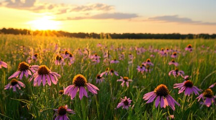 Obraz premium The setting sun creates a picturesque scene on the prairie, casting shadows over green grass and purple coneflowers