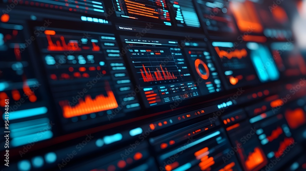 Poster futuristic tech interface with red and blue graphs