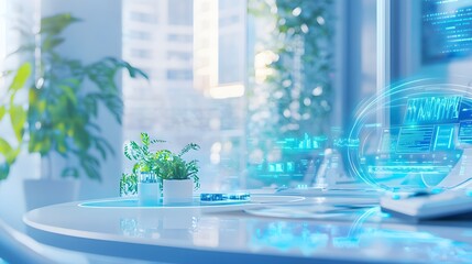 Futuristic Tech Interface with Plants on Table