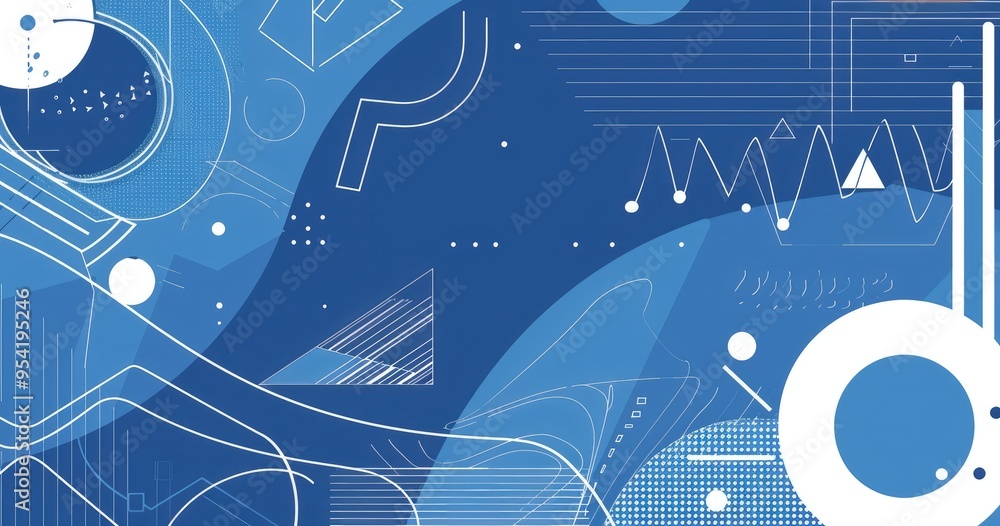 Poster abstract blue graphic design featuring geometric shapes and patterns.