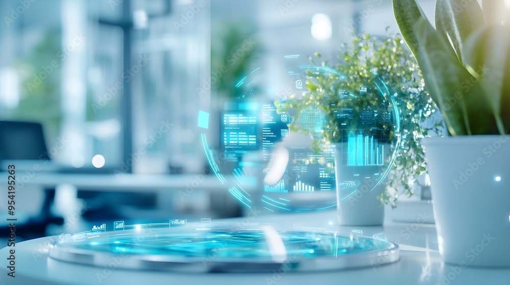 Poster futuristic technology hologram interface with data analytics