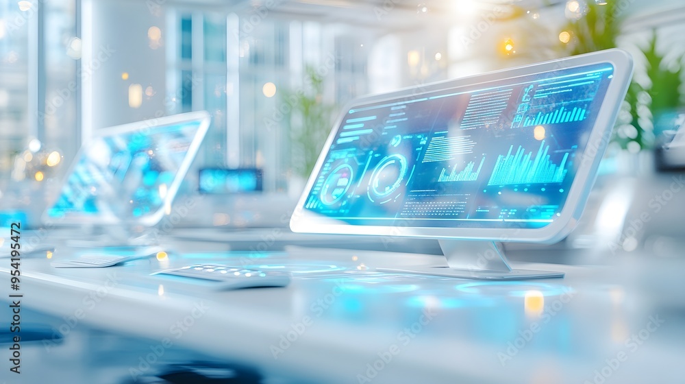 Poster futuristic technology office desk with data display