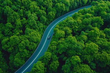 Aerial top view road in forest with car motion blur. Winding road through the forest. Car drive on the road between green forest. Ecosystem ecology healthy environment road trip , ai