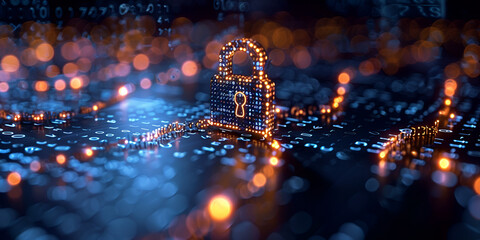 Digital Padlock Symbolizing Cybersecurity with Blue Data Network, Cybersecurity Concept with Glowing Padlock and Digital Data Flow
