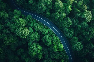 Aerial top view road in forest with car motion blur. Winding road through the forest. Car drive on the road between green forest. Ecosystem ecology healthy environment road trip , ai