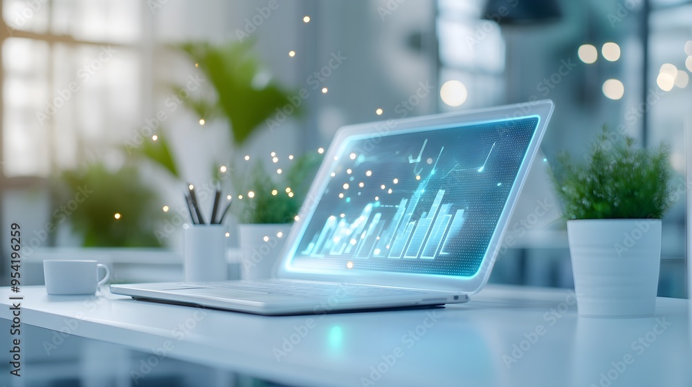 Poster laptop with graph data on screen, modern office setup