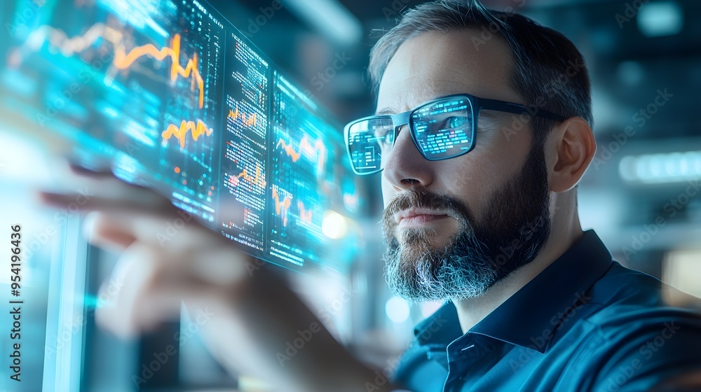 Poster man in glasses analyzing data on a screen