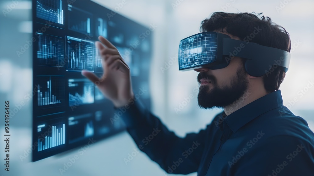 Poster man in vr headset interacting with data