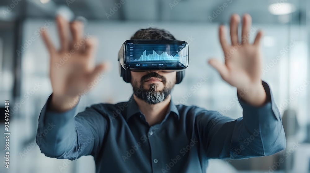 Poster man in vr headset interacting with digital data