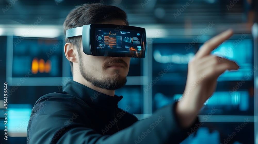 Poster man using vr headset with futuristic interface