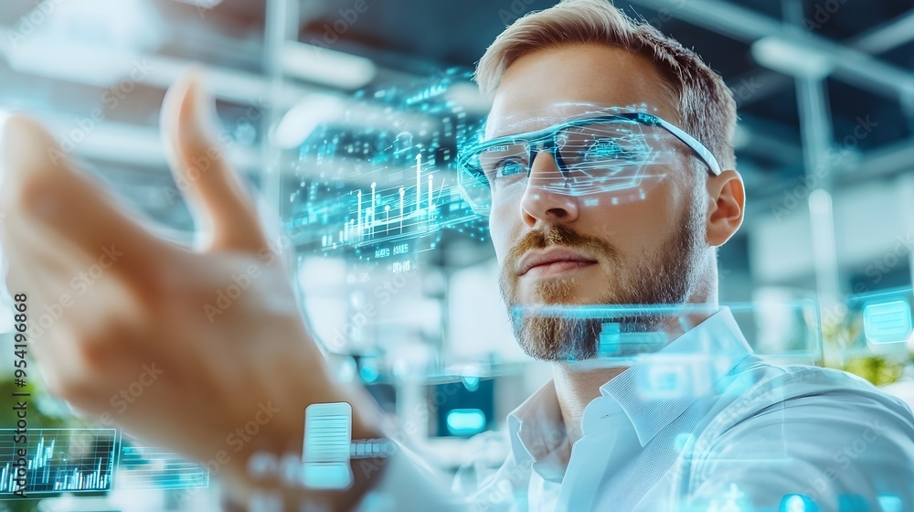 Poster man wearing augmented reality glasses analyzing data