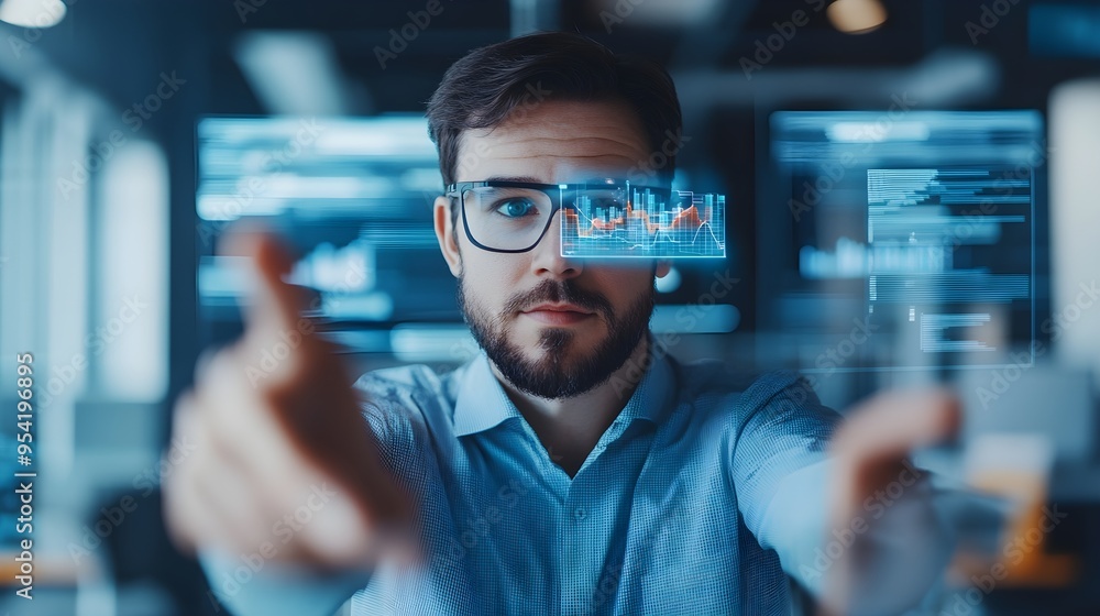 Poster man wearing augmented reality glasses with data visualization