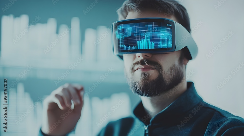 Aufkleber man wearing vr headset with data visualization