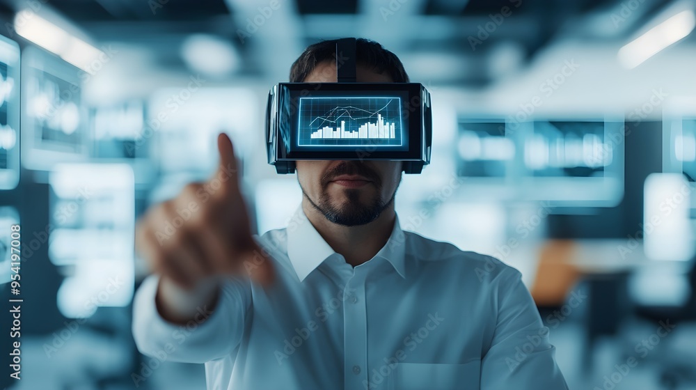 Aufkleber man wearing vr headset with data visualization