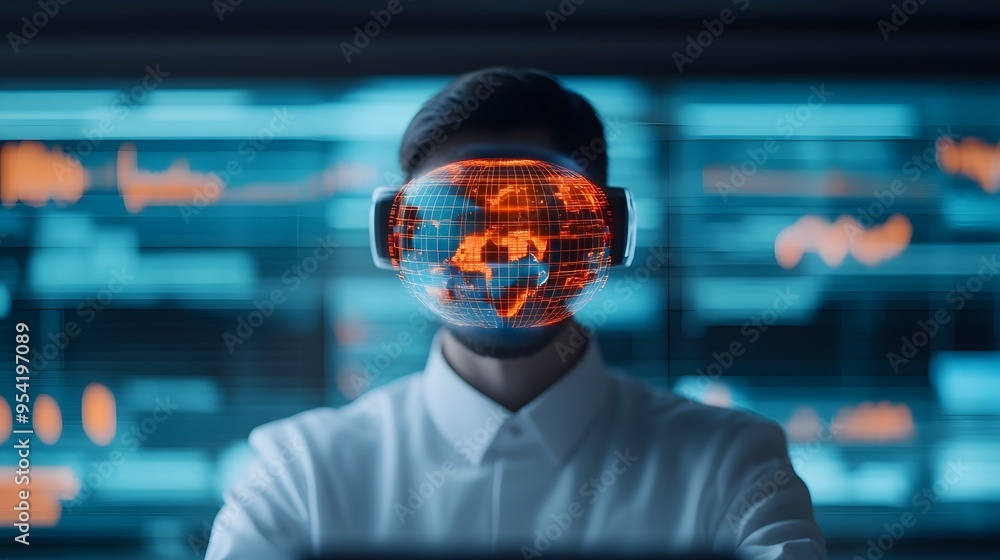 Poster man with vr headset sees global data network