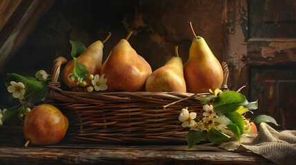 Ripe pears in a wicker basket on a rustic background