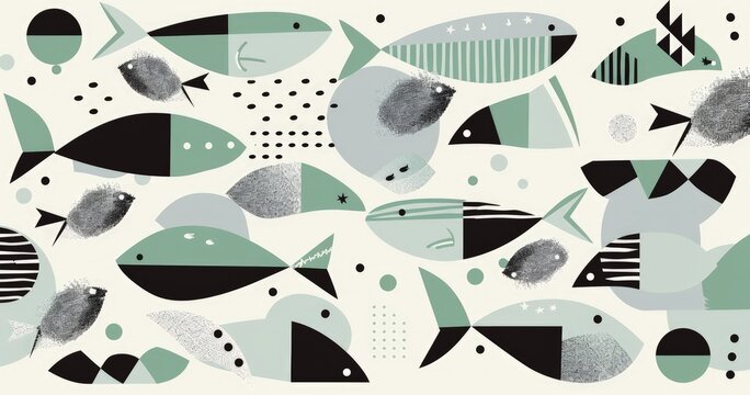 A colorful, abstract illustration of various fish in a playful, geometric style.