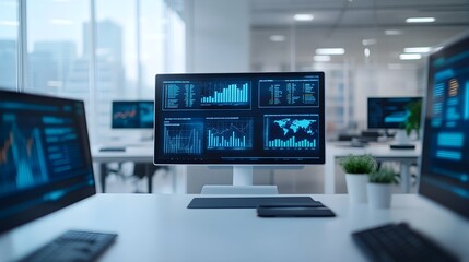 Naklejka premium Modern Office Desk with Data Analytics Display