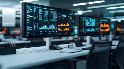 Fototapeta premium Modern Office Desk with Financial Data on Computer Screens