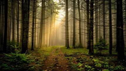 Fototapeta premium Sunbeams Through the Mist in a Forest