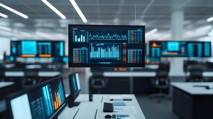 Fototapeta premium Modern Office Interior with Data Analytics Display