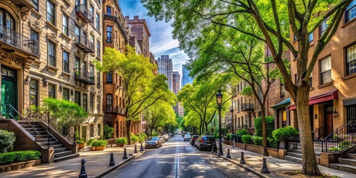 Panoramic Street View Of A Picturesque Tree-Lined Upper West Side Neighborhood In Manhattan, New York City.