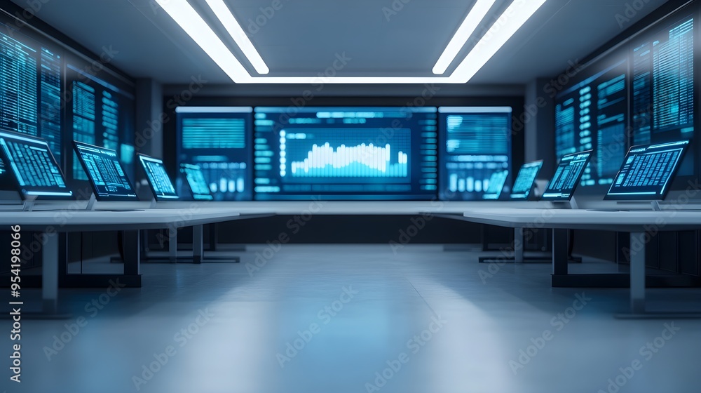 Poster modern office with large data screens and desks