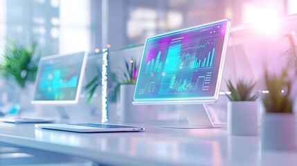 Fototapeta premium Modern Office Workspace with Data Analytics on Screen