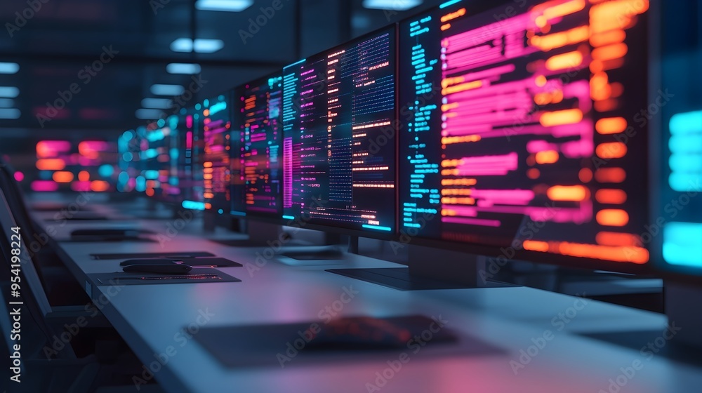 Poster neon code on computer monitors in modern office