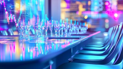 Neon Lights Reflecting on Empty Chairs & Table