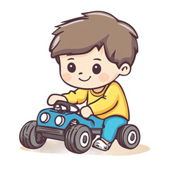 Naklejka premium A cartoon boy is driving a blue toy car