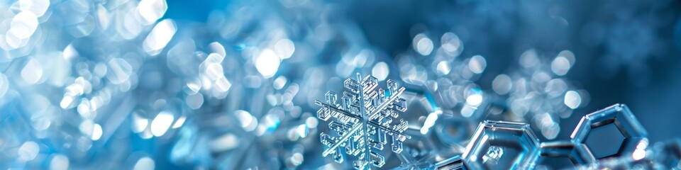 Obraz premium Design a geometric snowflake with hexagonal patterns in white and light blue. Use soft lighting for a frosty effect.