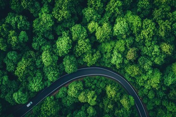 Aerial top view road in forest with car motion blur. Winding road through the forest. Car drive on the road between green forest. Ecosystem ecology healthy environment road trip , ai