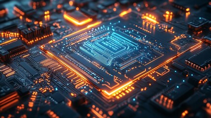 Abstract circuit board with intricate copper elements glowing with blue energy, surrounded by a holographic aura, dark cyberpunk environment, sharp details, and vibrant neon accents