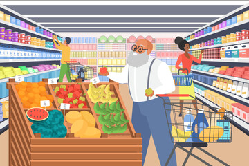 Shopping in supermarket by elderly customer. Old man with beard standing at fruit rack to choose fresh apples and buy, elder consumer walking with trolley for purchases cartoon vector illustration