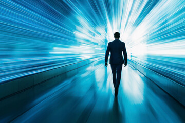 Conceptual image of businessman silhouette on bright blue lines background.