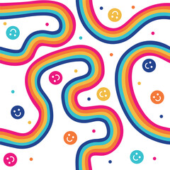 Patron de arcoiris con caritas felices y puntos de colores ideal para impresion de decoracion