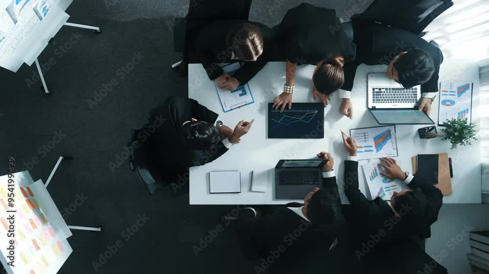 Aufkleber top view of businesswoman bring financial statistic graph during meeting. time lapse of smart manage