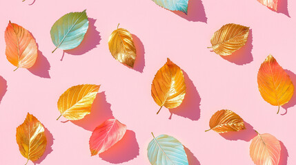 colorful fall leaves dipped in gold, each with a shadow, arranged on a soft pink background, captured from above in minimalist style photography