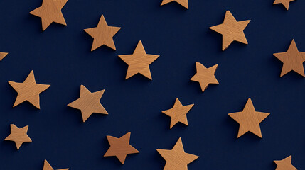 Obraz premium handcrafted wooden stars, each with a shadow, placed randomly on a deep navy blue background