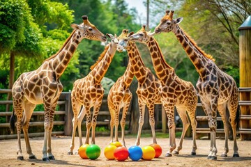 Obraz premium Photo Of A Group Of Giraffes Playing With Rubber Balls And Other Toys Designed For Their Hooves And Necks.