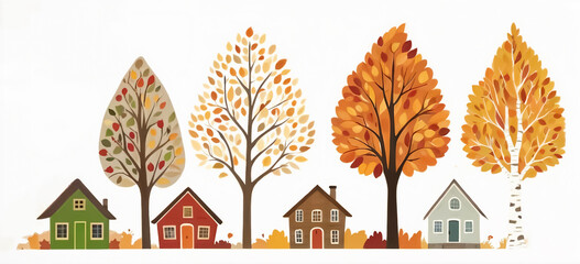 Colorful folk art illustration of stylized autumn trees and small houses, stylized seasonal design