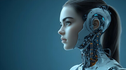 Close-up profile of a female cyborg with exposed mechanical parts.