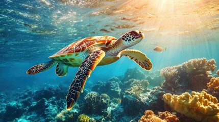 A sea turtle swimming in tropical sea with coral reef