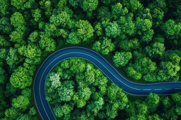 Aerial top view road in forest with car motion blur. Winding road through the forest. Car drive on the road between green forest. Ecosystem ecology healthy environment road trip , ai