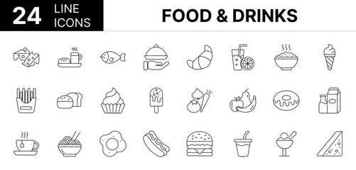 Collection of 24 Food & drinks line icons featuring editable strokes. These outline icons depict various modes of  Food & drinks, food, drink, chicken, cocktail, 