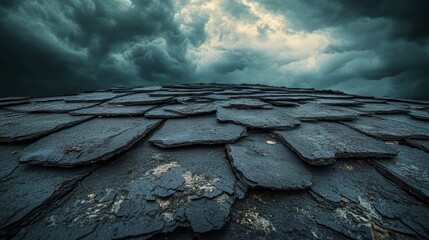 An image showing a damaged shingle roof with cracks and dents, with a stormy sky in the background suggesting impending weather.