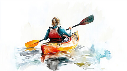 Watercolor painting of a female kayaking in water