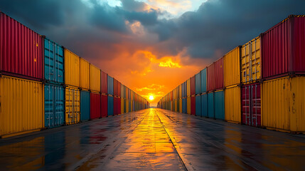 Fototapeta premium Colorful shipping containers stand in rows leading towards the sunset.