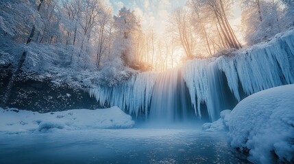Frozen waterfalls in the morning light, with snow-covered trees and a clear winter sky, creating a majestic winter landscape, Majestic, Cool Tones, Wide Angle
